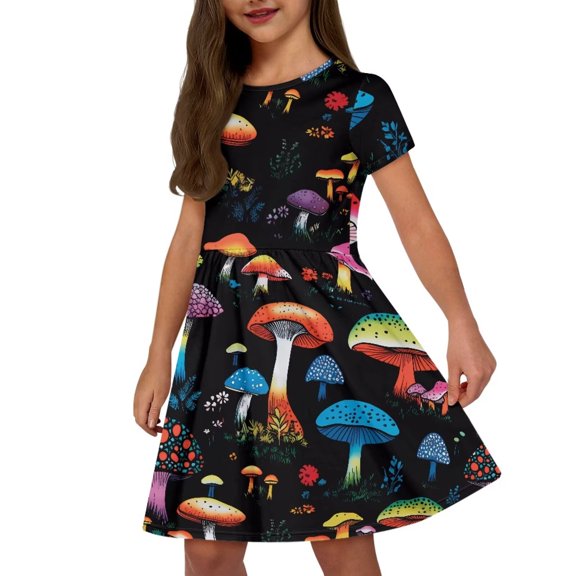 Uourmeti Colorful Mushroom Short Sleeve Dress for Girls 2-14Y Summer Casual Crew Neck Knee Length A-line Dresses School Party Travel Swing Dress with Pockets