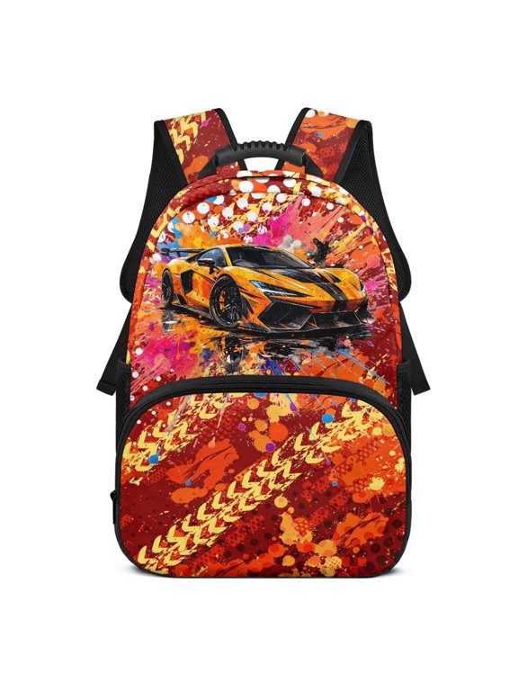 Comfortable Backpack for Daypack Shopping, Polyester Soft Large Capacity Backpack, Orange Sports Car Splatter