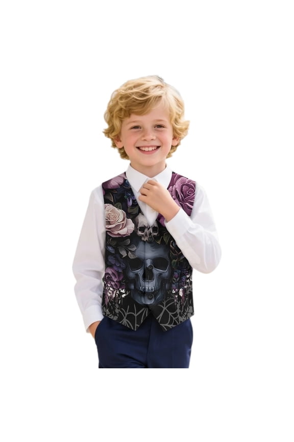 Comfortable Boys Formal Suit Vest Premium Soft Breathable Polyester Fabric Boys V Neck Button Formal Suit Vest, Rose and Skull Pattern