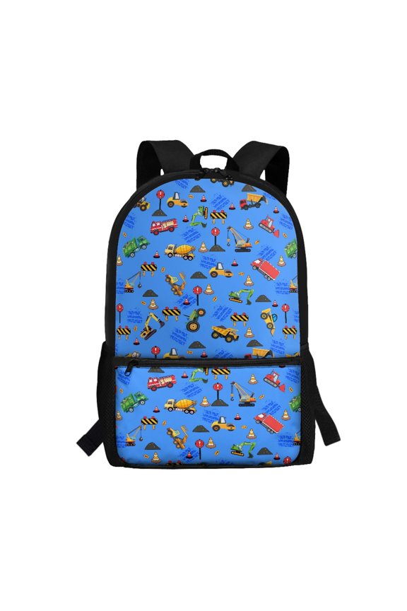 Construction Vehicles Pattern Large Capacity Backpack for Travel School, Side Pockets Polyester Backpack Stylish School Backpack