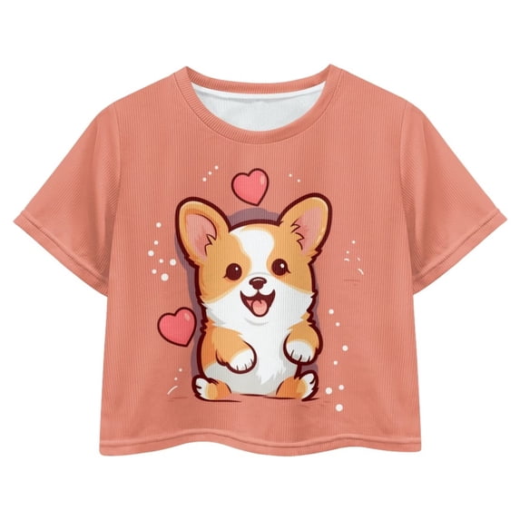 Uourmeti Corgi Crew Neck T-Shirt Kids Short Sleeve Crop Top Summer Short Loose Sports Short Sleeve Casual Pullover for 5-14Y Girls