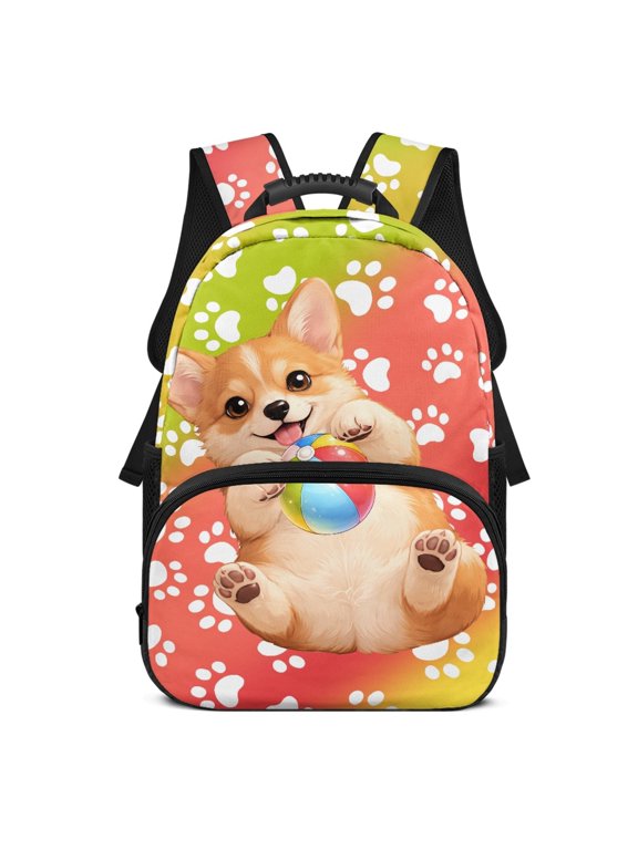 Corgi Paws Rainbow Design Comfortable Bag for School Travel, Large Capacity Lightweight Polyester Material Backpack