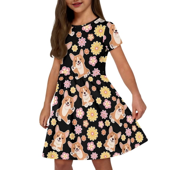 Uourmeti Corgi Short Sleeve Swing Dress Summer Cute Crew Neck Knee A-Line Dresses Hippie Flower Casual Beach Dress with Pockets for Girls 2-14 Years Old