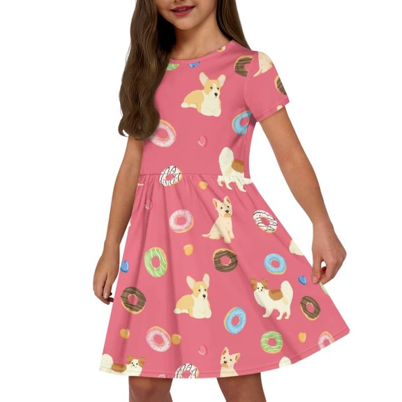 Uourmeti Corgi Summer Dresses for Girls 2-14Y Casual Cute Crew Neck Knee Length A-Line Dress Donuts Lightweight Soft Short Sleeve Swing Dresses with Pockets