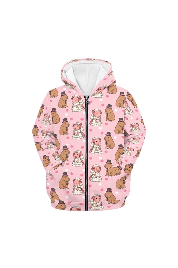 Couple Capybara Love Heart Zip Up Hoodie with Pockets Long Sleeve Lightweight Comfy Casual Outerwear for Girls Teens Size 13-14