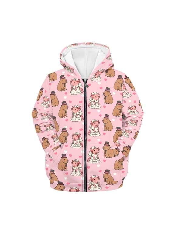 Couple Capybara Love Heart Zip Up Hoodie with Pockets Long Sleeve Lightweight Comfy Casual Outerwear for Girls Teens Size 14-16