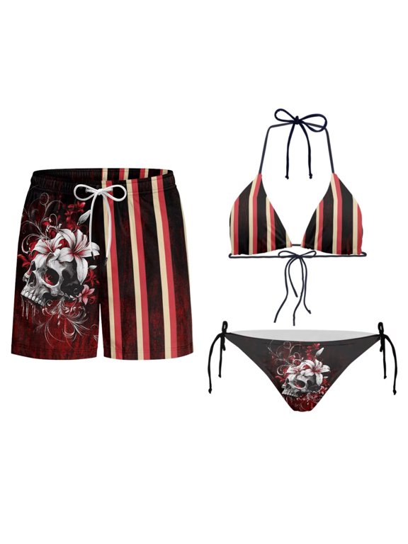Couples Swimwear Set Skull Lily Stripe Board Shorts for Men & Slimming Bikini for Women, Summer Beach and Gym Sports Goth Floral