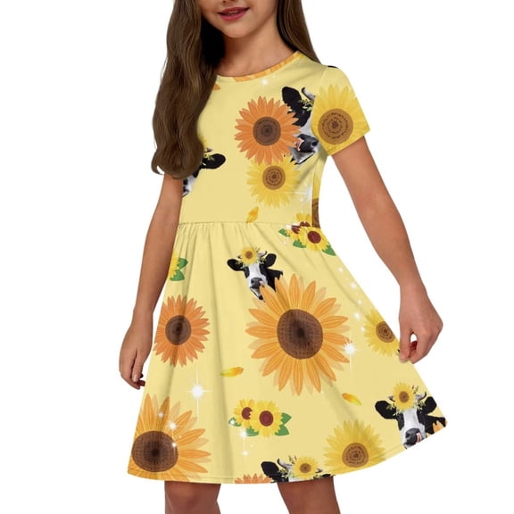 Uourmeti Cow Kids Dress 7-8Y Girls Summer Short Sleeve Dresses Sunflower Soft Crew Neck Knee Length A-Line Dress Casual Swing Dresses for Travel Party School