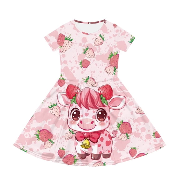 Uourmeti Cow Short Sleeve Dresses for Girls School Crew Neck Swing Dress Strawberry Casual Knee Length A-Line Dresses with Pockets Size 9-10