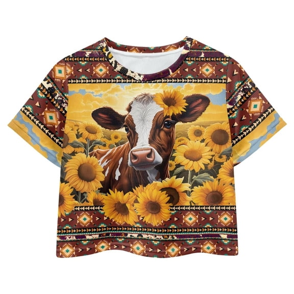 Uourmeti Cow Sunflower Summer Crop Tops Kids Short T-Shirts Casual Crew Neck Pullover Southwest African Aztec Loose Sweatshirt for 9-10Y Girls