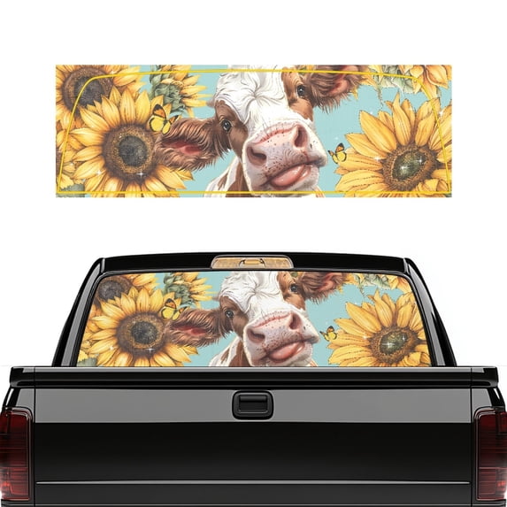 Uourmeti Cow Sunflower Truck Rear Window Decal 66.9 x 22.4 Inches, One-Way See-Through Vinyl, Durable Waterproof Decal for Pickups SUVs and Cars