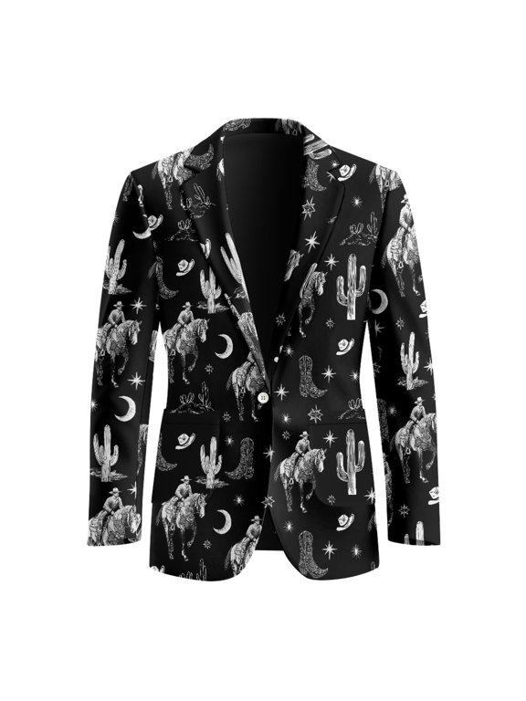 Cowboy Pattern Men's Suit Jacket, Single Breasted Blazer Regular Fit Polyester Mens Dress Jackets for Professional