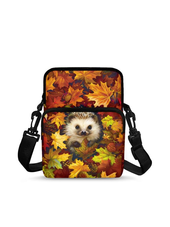 Cross Body Bags Hedgehog Autumn Leaves, Two Zippers Crossbody Purse for Travel, Stretch Polyester Portable Lightweight for Outdoor