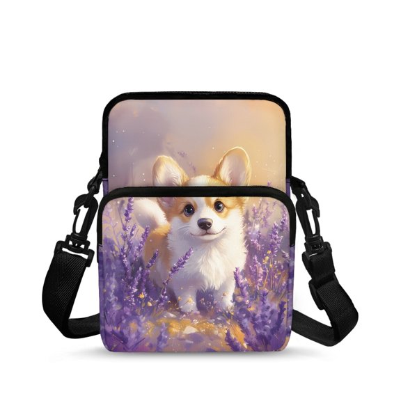 Uourmeti Crossbody Purse for Shop, Lightweight 2 Layer Crossbody Bag for Women Corgi Lavender Design Cross Body Purse