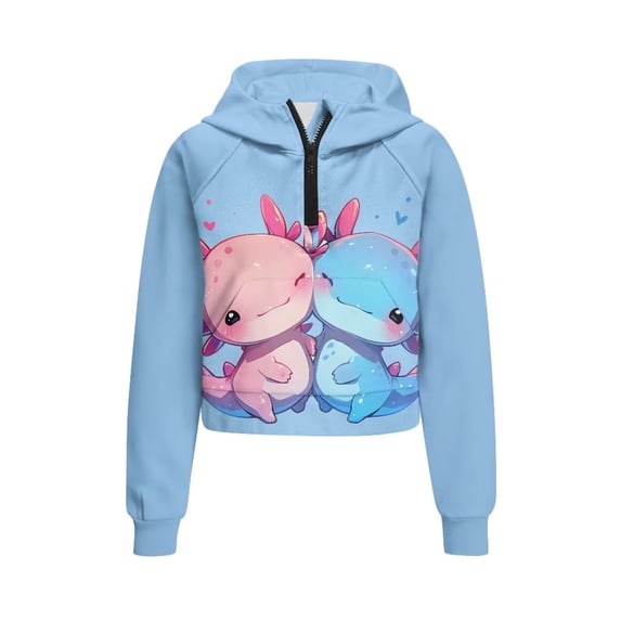 Uourmeti Cute Axolotl Couple Print Girls Athletic Zip Up Sweatshirt with Pocket Long Sleeve Soft Loose Top Fall Winter Spring Daily Use Size 7-8