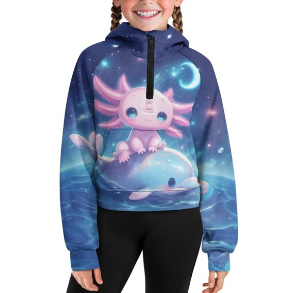 Uourmeti Cute Axolotl Dolphin Lightweight Comfy Casual with Pocket Athletic Sports Jacket Comfy Casual Pullover Size 9-10