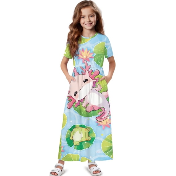 Uourmeti Cute Axolotl Frog Print Girls Maxi Summer Dress with Pocket Short Sleeve Spring Boho Long Sundress Casual School for Kids, Size 11-12 Years