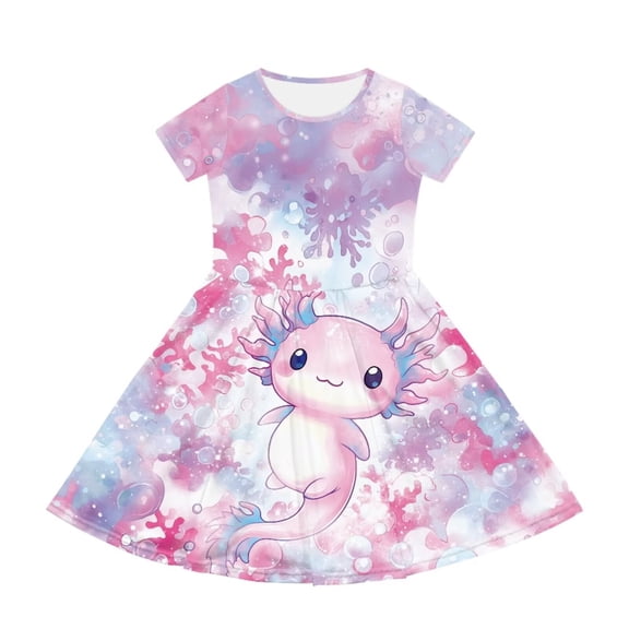 Uourmeti Cute Axolotl Swing Dresses for Girls Size 11 Summer Short Sleeve Party Dress Kids School Knee Length A-line Dresses with Pockets