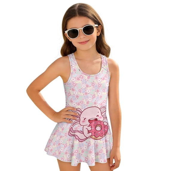 Uourmeti Cute Cartoon Axolotl Skirted One Piece Swimsuit for Girls - Quick Dry Stretch Swim Dress for Beach & Pool Vacations