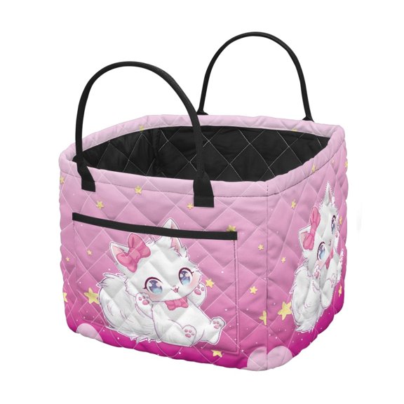 Uourmeti Cute Cat Star Portable Quilted Storage Basket, Polyester Heavy-Duty Collapsible Hamper for Home Bedroom Kids Blankets and Books