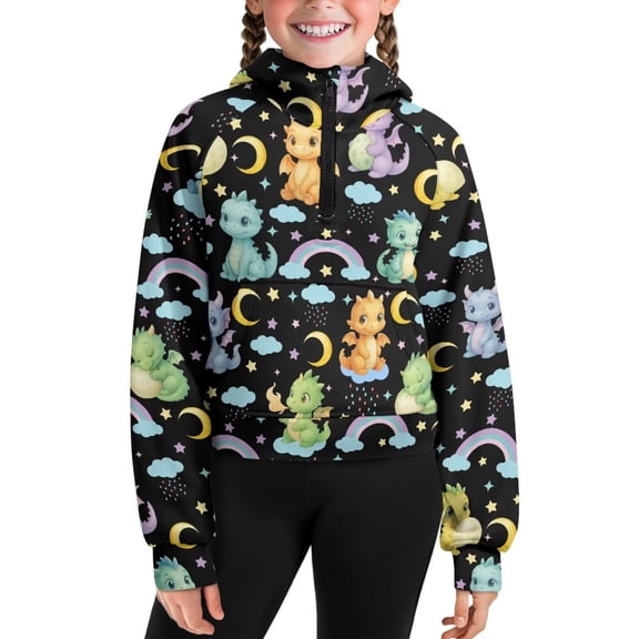 Uourmeti Cute Dragon Rainbow Moon Long Sleeve Sweater Clothes Fashion Sweatshirt with Pocket Girls Half Zipper Sweatshirts Girl Half Zipper Sweatshirts Size 7-8
