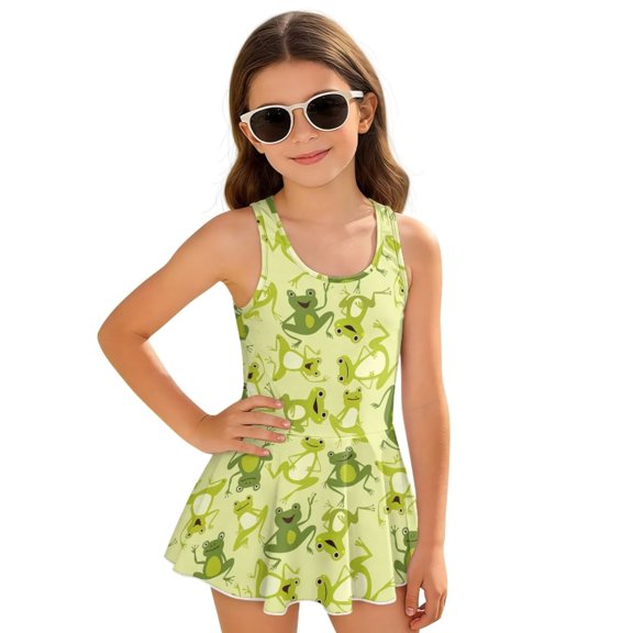 Uourmeti Cute Frog Kids One Piece Swimsuit Girls Cartoon Kawaii Pattern Sleeveless Bathing Suit Teens Swim Suit Full Coverage Swimsuit Skirt Green
