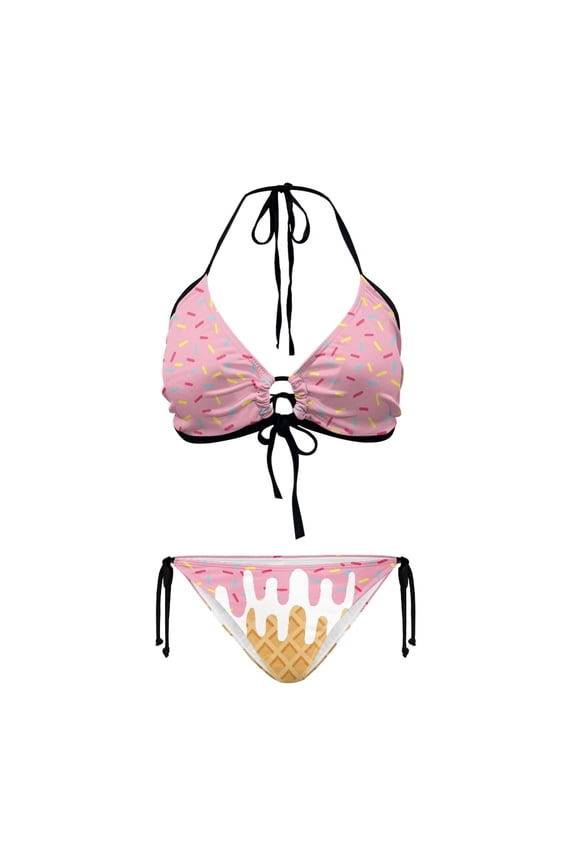 Cute Ice Cream Drip Halter Triangle Bikini Set - Pink Sprinkle Print Two Piece Swimsuit for Beach Vacations & Pool Parties