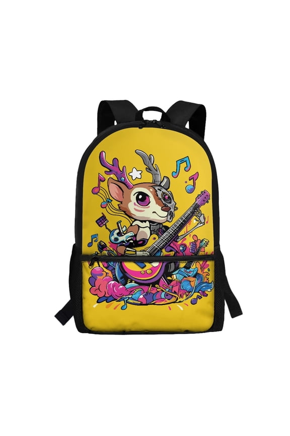 Cyborg Deer Guitar Print Large Capacity Backpack, 17 Inch Soft School Backpack Multiple Pockets Polyester Travel Backpack for Students
