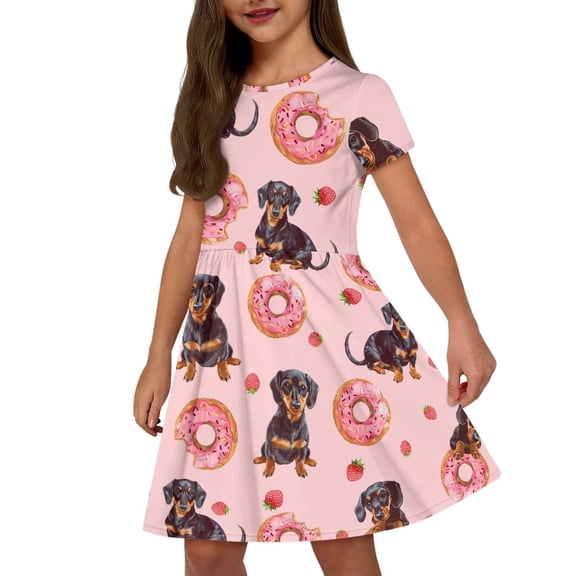 Uourmeti Dachshund Toddler Girls Dresses Sausage Dog Summer Cute Short Sleeve Swing Dress Donuts Casual Loose Crewneck Midi Beach Dresses with Pockets