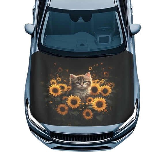Uourmeti Decorate Accessories Car Hood Cover, Sunflower Kitten Auto Hood Cover 59.05x39.37 in, Stretch Swimsuit Fabric Engine Protector Easy to Install for Pickup Trucks