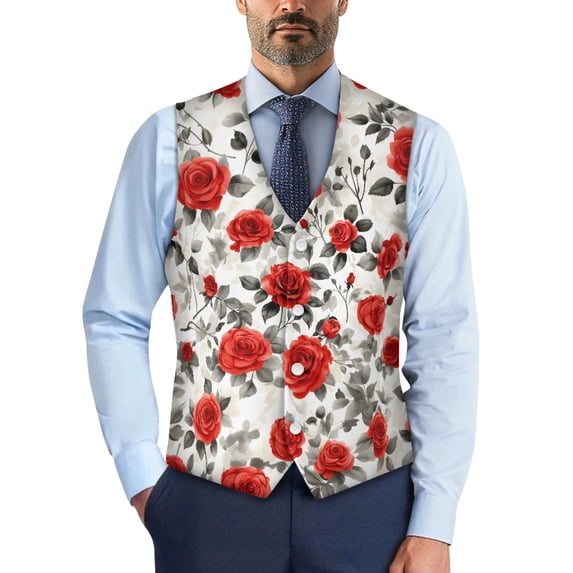 Uourmeti Deep Red Roses Dress Business Vests Woven Fabric Button Down Buttons Closure Men's Suit Vest for Formal Casual