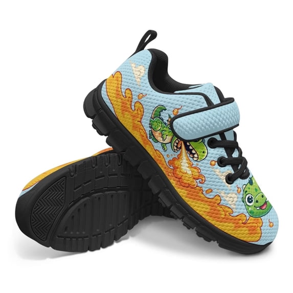 Uourmeti Dinosaur Sneakers for Boys Size 12.5 Flame Print Slip on Tennis Shoes Breathable Lightweight Running Athletic Sport Walking Shoes with Single Buckle