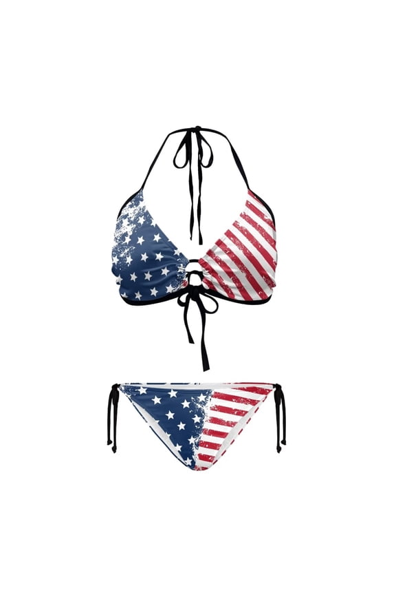 Distressed American Flag Sexy Bikini Sets for Women V Neck Tie Knot Low Waist Lightweight Comfy Two Piece Swimsuit Swim Suits for Women