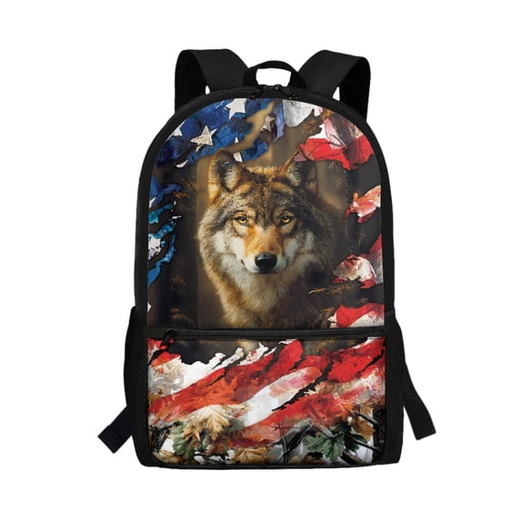 Uourmeti Distressed American Flag with Wolf Print Backpack for Men, 17 Inch Soft Durable School Backpack for Travel Work