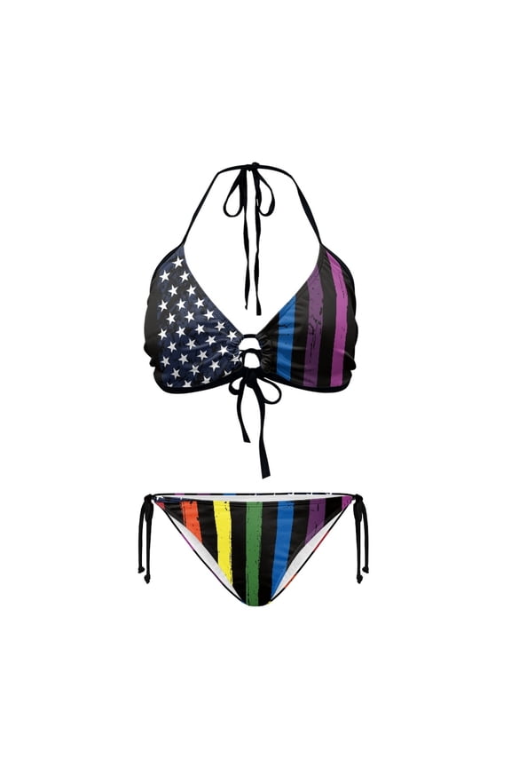Distressed Pride American Flag Halter Bikini Set - Two Piece Triangle Swimsuit, Quick Dry & Figure Hugging for Beach Vacation & Pool Party