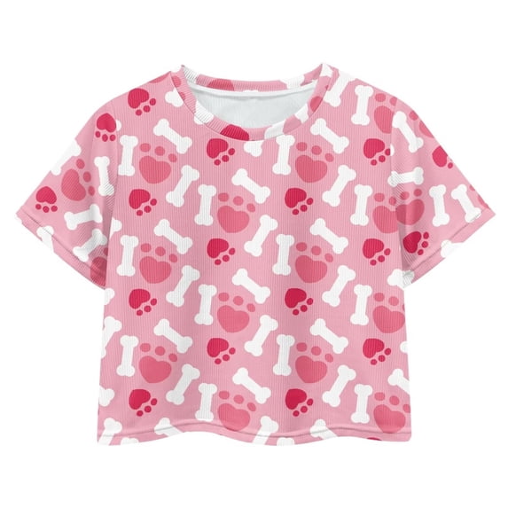 Uourmeti Dog Paw Print Crew Neck T- Shirt Kids Summer Short Sleeve Crop Top Lightweight Soft Short Sweatshirt Casual Pullover for Girls