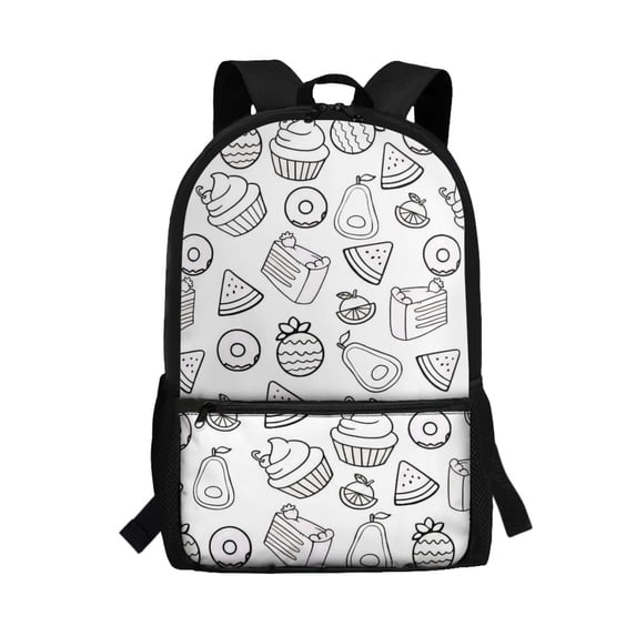 Uourmeti Durable 17 Inch Backpack for Travel Shopping, Multiple Pockets Soft Touch Spacious Storage Shoulder Backpack, Dessert Fruit Doodle Print