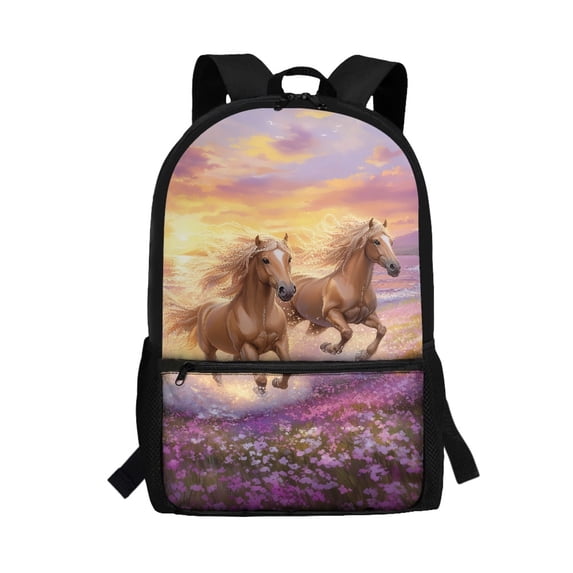 Uourmeti Durable 17 Inch Polyester Backpack for Work School, Adjustable Padded Straps Portable School Backpack, Running Horses Purple Flower Field