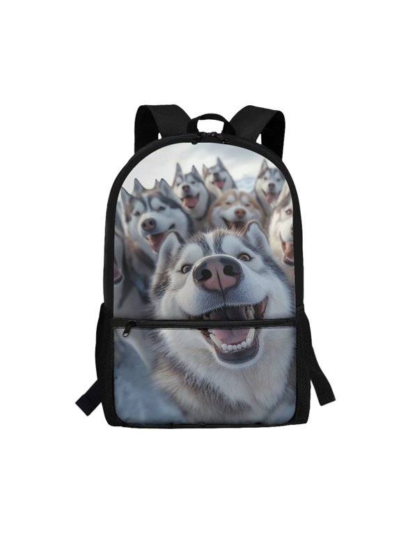 Durable Fabric 17 Inch Daypack for Travel School, Large Capacity Side Pockets Adjustable Shoulder Straps Backpack, Husky Pattern