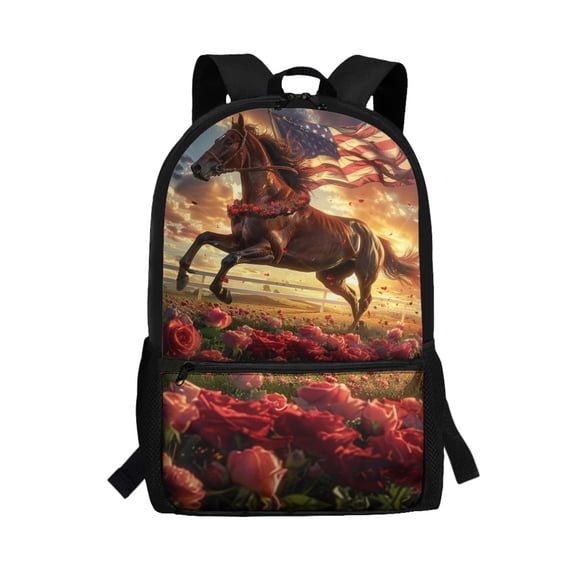 Uourmeti Durable Fabric 17 Inch Daypack for Travel School, Spacious Compartment Soft Backpack, Horse American Flag Roses