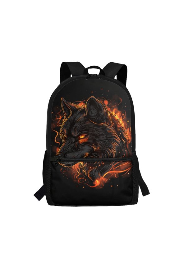 Durable Zippered 17 Inch Backpack for Travel Outdoor, Lightweight Smooth Zipper Daypack, Flame Wolf Design