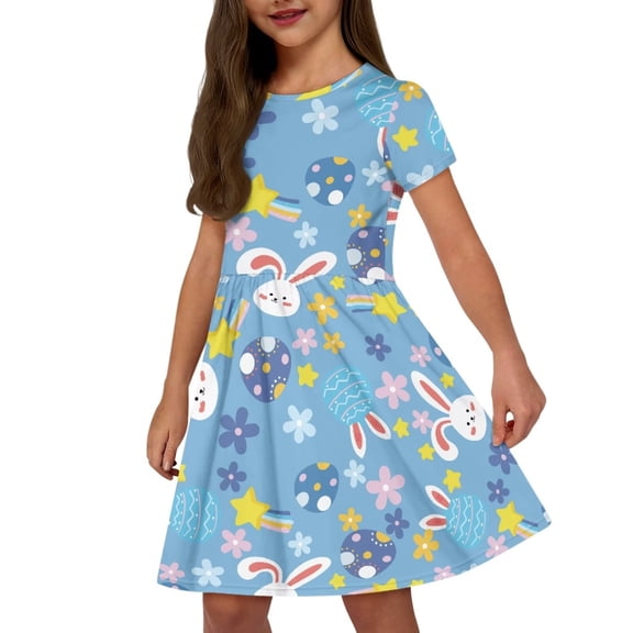 Uourmeti Easter Bunny Dresses for Girls 12-14 Summer Crew Neck Midi Dress Colorful Egg Print Summer Casual Beach Dress with Pockets
