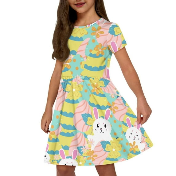 Uourmeti Easter Dress for Girls 10-12Y Casual Bunny Print Short Sleeve Swing Dresses Colorful Egg Crew Neck Midi Holiday Party Dress with Pockets