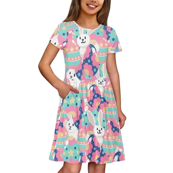 Uourmeti Easter Dresses for Girls 5-6 Casual Short Sleeve Swing Dress Cute Bunny Print Soft Crewneck Knee Length A-Line Dresses with Pockets