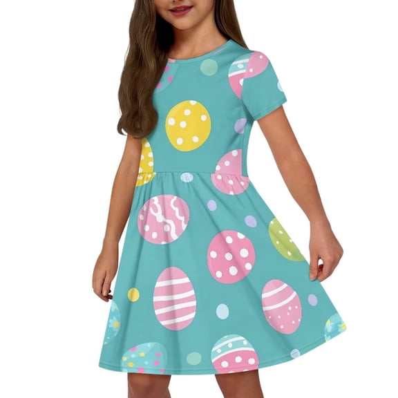 Uourmeti Easter Short Sleeve Dresses for Girls 8-10 Colorful Egg Print Casual Crewneck Midi Trendy Swing Dress with Pockets Holiday Clothes