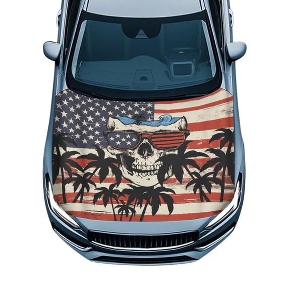Uourmeti Easy to Install Car Hood Cover for Van SUV Trucks, UV Resistance Car Hood Flag Cover, Stretch Skull American Flag Print Auto Hood Cover
