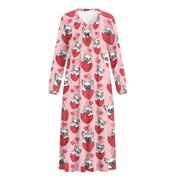 Uourmeti Elastane Polyester Blend Long Sleeve Night Gown for Home Bedroom Bedtime, V Neck Soft Sleep Dress, French Bulldog Strawberry Print