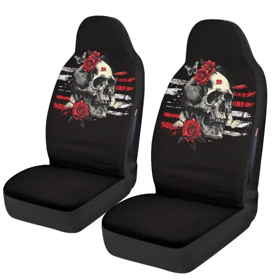 Uourmeti Elastic Front and Rear Seat Cover Set for Interior Accessories, Polyester Decorative Car Seat Covers Front Seats Cushion, Skull Rose Flag Pattern