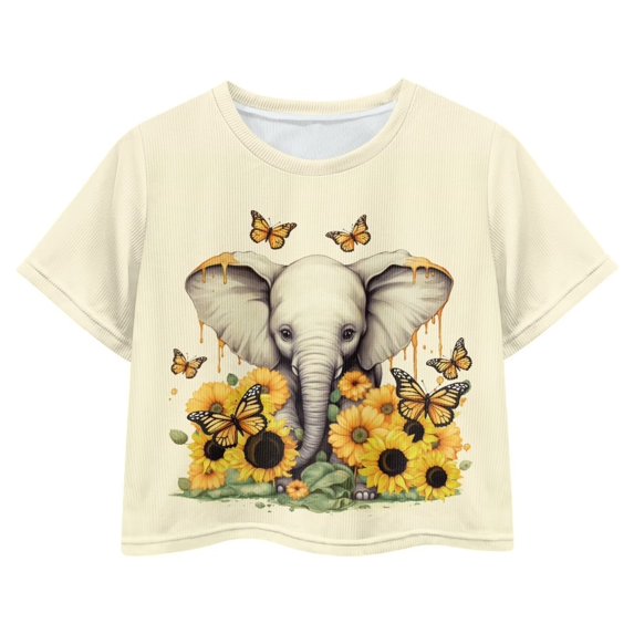 Uourmeti Elephant Crop Top for 5-14Y Girls Summer Short Crew Neck Pullover Kids Sunflower Butterflies Casual Short Sleeve Loose Breathable Athletic T-Shirt