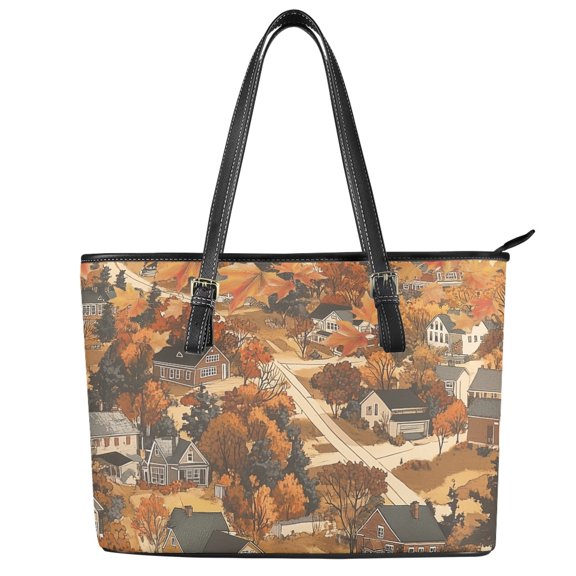 Uourmeti Fall Village Scene Satchel Purse for Travel, PU Leather Saddle Handbag with Casual Durable Top Handle Tote Bag